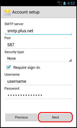Enter the SMTP server and Port. and make sure Require sign-in is ticked.