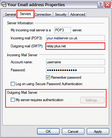 On the 'Servers' tab, update the 'Outgoing mail (SMTP)' and make sure 'My server requires authentication' is unticked.