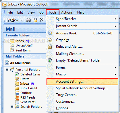 In Outlook 2007, go to Tools on the top bar and select Account Settings.