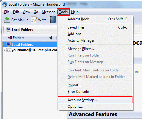 In Thunderbird, go to Tools on the top bar and click Account Settings...