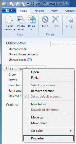In Windows Live Mail 2011, right click on your email account and choose Properties from the menu.