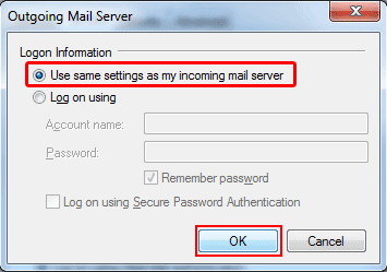 Select Use same settings as my incoming mail server and click OK.