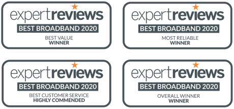 Expert Reviews Winner 2020 logos - Best Broadband 2020, Best Value Winner, Most Reliable Winner, Best Customer Service Highly Commended and Overall Winner