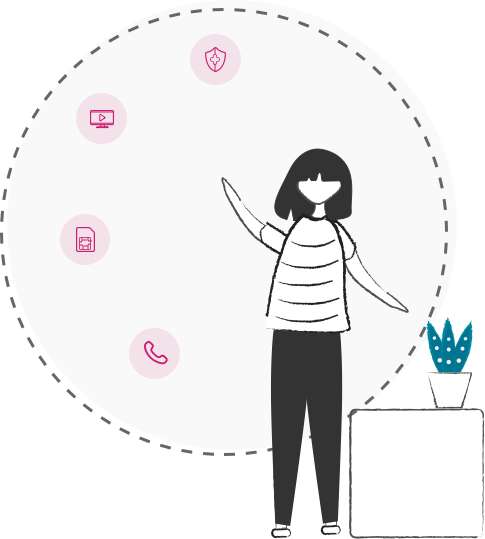 A woman standing and pointing at Plusnet Perks SIM card, telephone, security  and TV symbols